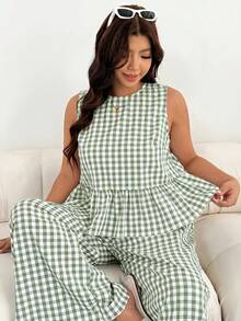 Shapeblank Plus Size Summer Casual Plaid Ruffle Tank Top & Pants 2 Pieces Set - Green - View 7