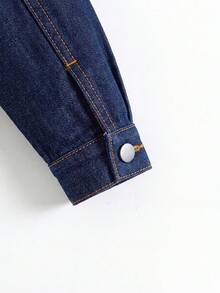 SHEIN Chaqueta de mezclilla de manga larga con volantes y abotonadura sencilla para niña - Azul Marino - Ver 3