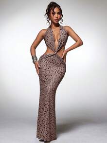Normani Women's Fashion Sexy Backless Halter Neck Cover-Up Dress Bathing Suit Swimsuits - Brown - View 6