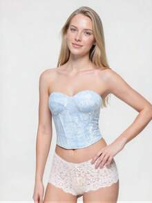 Bonmuse French Vibe Palace Style Lace Patchwork Waist Tie Sexy Fitted Stylish Corset Crop Topfor Summer - Baby Blue - View 2