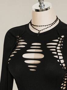 SHEIN ICON Fall Women's Black Hollow Out Goth Club Gyaru Solid Color Casual Versatile Daily Long Sleeve Top - Black - View 4
