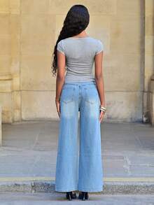 Mima John Jeans anchos de tiro bajo con ajuste holgado y efecto desgastado - azul real - Ver 2