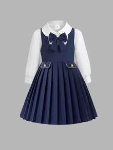 Elladie kids Back To School Girls' British Academy Style 2-Piece Dress Set, 4-7 Years Old Children's School Uniform, Peter Pan Collar Long Sleeve Shirt With Elegant Bow Decor, Embroidered Pocket Flap Academy Style Buttons, Paired With Pleated Hem Square Neck Pinafore Dress - Navy Blue - View 5