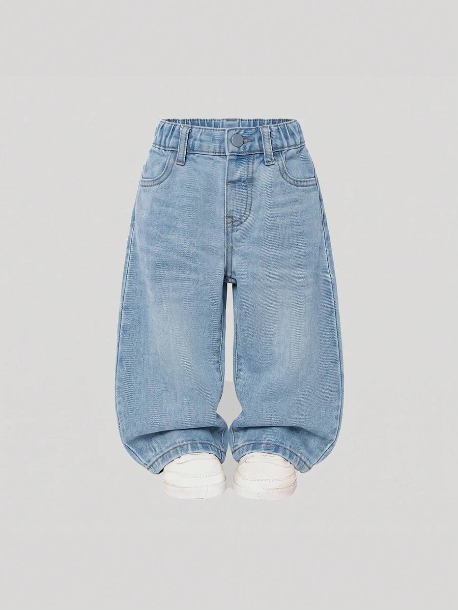 SHEIN Playful Pals Girls Casual Versatile Minimalist Y2K Street Style Cool Distressed Loose Straight Leg Washed Blue Comfortable Denim Jeans For Daily Wear