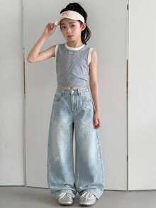 Dazy Kids Jeans de Mezclilla para Niñas Primavera/Verano Nuevo Estilo Bolsillo Trasero con Strass Acampanados (Grande) - Azul lavado medio - Ver 2