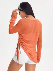 Dewbera Dewbera Women's Solid Color Long Sleeve Side Drawstring Sports T-Shirt - Orange - View 2