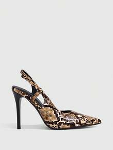 CUCCOO SZL Frühling und Herbst brauner Farbton Schlangenmuster spitz zulaufende Zehen dünne Absätze Knopf Slingback Schuhe Retro Spice Girl Stil Dating Einkaufen Abendessen Party - Khaki - Übersicht 2
