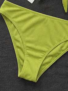 Swim Mod Women's 2-Piece Bikini Swimsuit Set, Double Shoulder Straps, Olive Green Ribbed Fabric, Two Pieces Swimwear For Beach, Island, Pool Party, Casual Versatile - Green - View 3