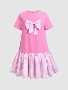 SHEIN Twees Tween Girl 女童圓領短袖拼接條紋蝴蝶結印花粉色洋裝 返校季 - 粉色 - 查看 6