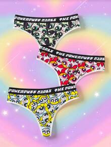 THE POWERPUFF GIRLS X SHEIN Women's Letter Print All-Over Casual Daily Thong Panties - Black - View 1