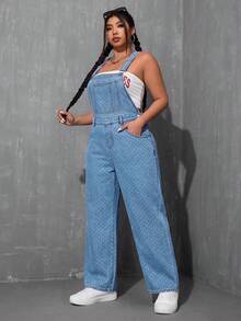 SHEIN ICON 大尺碼女款波點口袋休閒日常牛仔連身褲 - 淺色水洗藍 - 查看 6