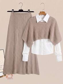 Sweetra Plus Size Shawl Sweater & Knitted Skirt Set Fall - Champagne - View 1