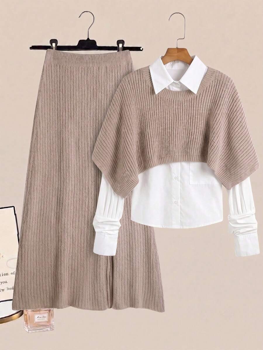 Sweetra Plus Size Shawl Sweater & Knitted Skirt Set Fall - Champagne - View 1