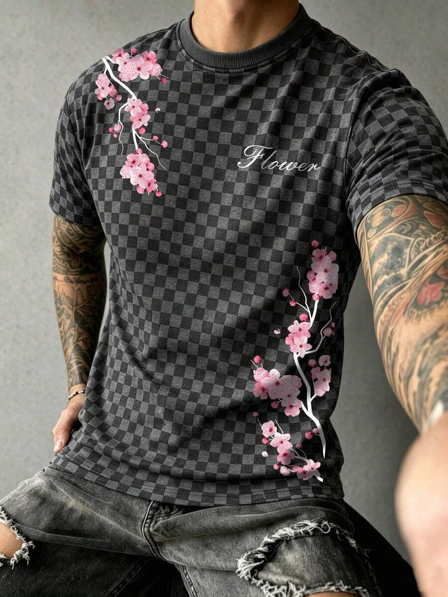 Manfinity LEGND 男士格紋與花卉印花休閒日常夏季T恤 - 黑色 - 查看 1
