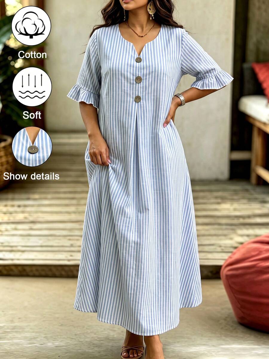 SHEIN LUNE CURVE Plus-Size Women's V-Neck Long Dress In Blue And White, Comfortable And Breathable Textured Stripes. Fall - Blue - View 1