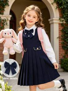 Elladie kids Back To School Girls' British Academy Style 2-Piece Dress Set, 4-7 Years Old Children's School Uniform, Peter Pan Collar Long Sleeve Shirt With Elegant Bow Decor, Embroidered Pocket Flap Academy Style Buttons, Paired With Pleated Hem Square Neck Pinafore Dress - Navy Blue - View 3