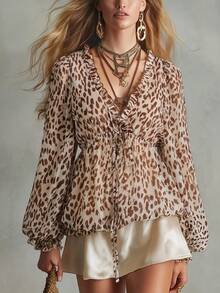 SHEIN Holidaya Women's Leopard Print Long-Sleeve Shirt With Ruffled V-Neck, Puff Sleeves, And Lantern Hem; Animal Print Shirt; Vintage, Sexy, And Elegant Top - Multicolor - View 1