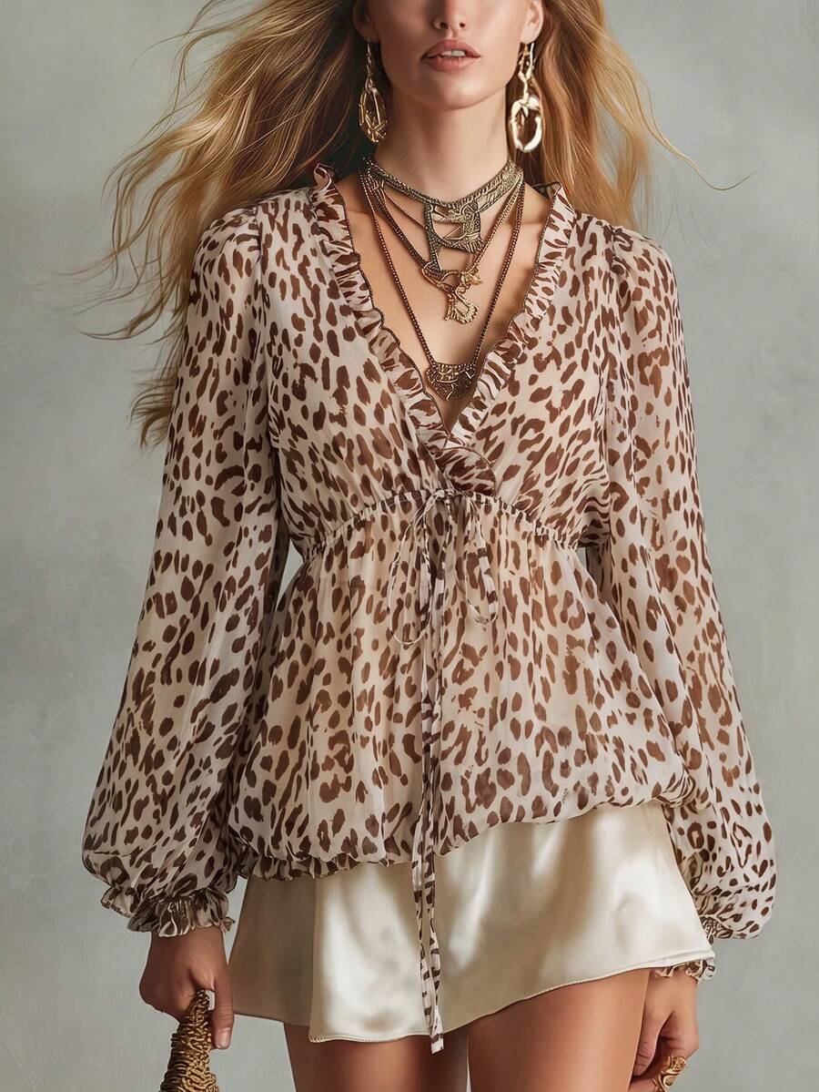 SHEIN Holidaya Women's Leopard Print Long-Sleeve Shirt With Ruffled V-Neck, Puff Sleeves, And Lantern Hem; Animal Print Shirt; Vintage, Sexy, And Elegant Top - Multicolor - View 1