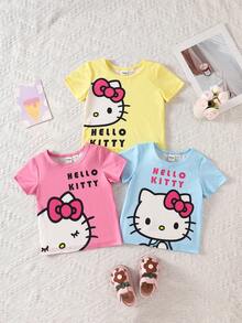 HELLO KITTY AND FRIENDS | SHEIN 女嬰可愛短袖蝴蝶結卡通印花圓領寬鬆上衣3件套，適合外出、購物、日常穿著，春夏季適用 - 彩色 - 查看 2