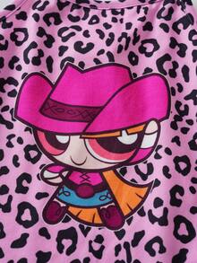THE POWERPUFF GIRLS X SHEIN 女嬰豹紋卡通圖案細肩帶連身褲 - 粉色 - 查看 4