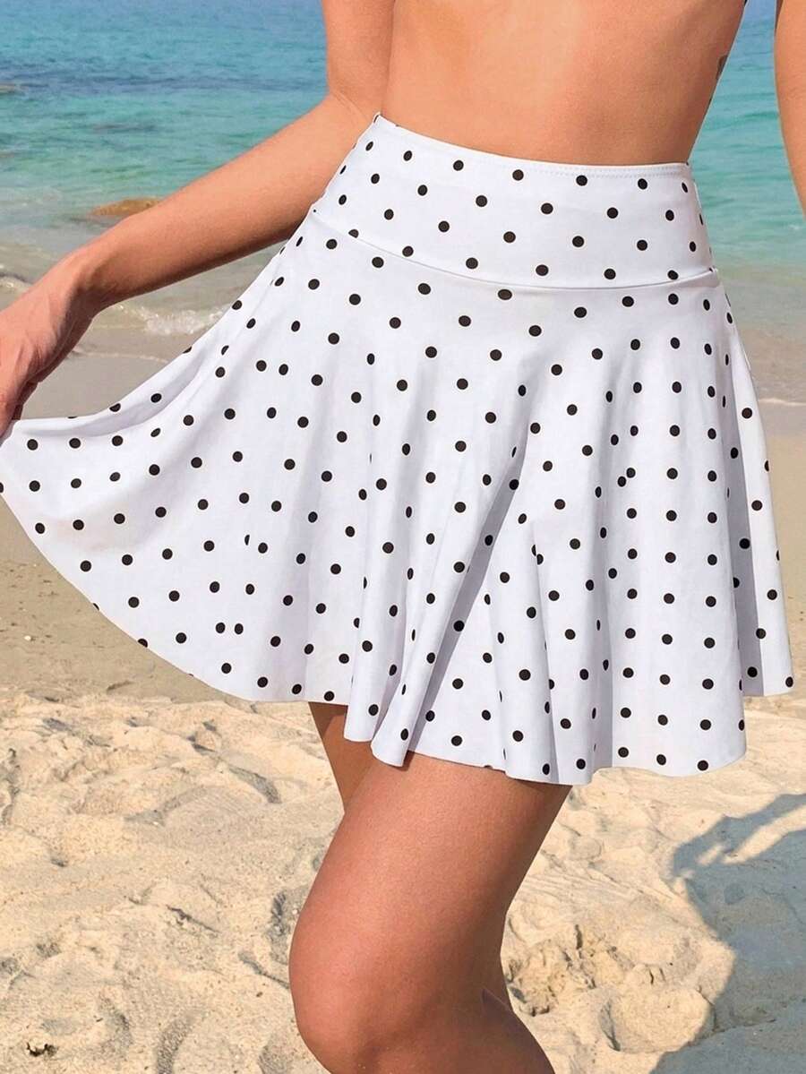 Livesso 女款夏季海灘波點印花高腰泳衣裙短褲 - 白色 - 查看 1