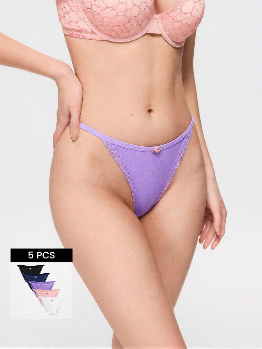 Bonmuse 5 条装 女式低腰纯色透气休闲运动比基尼内裤 - 彩色 - 查看 1