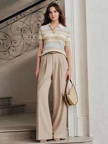 Anewsta Women's Summer Striped Knit Half-Open Neck Pullover Lazy Casual Short Sleeve Top - Light Yellow - View 6