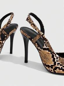 CUCCOO SZL Frühling und Herbst brauner Farbton Schlangenmuster spitz zulaufende Zehen dünne Absätze Knopf Slingback Schuhe Retro Spice Girl Stil Dating Einkaufen Abendessen Party - Khaki - Übersicht 5