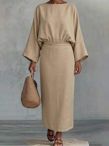 Livesso Women's Solid Color Boat Neck Batwing Sleeve Blouse And Skirt Casual Minimalist Elegant 2-Piece Set Teachers' Day Brunch Tea Party Khaki Green Autumn - Khaki - View 1