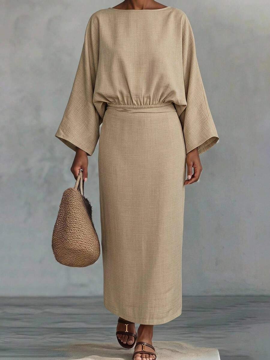 Livesso Women's Solid Color Boat Neck Batwing Sleeve Blouse And Skirt Casual Minimalist Elegant 2-Piece Set Teachers' Day Brunch Tea Party Khaki Green Autumn - Khaki - View 1