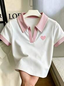 Resyla 女款POLO領修身休閒短袖T恤上衣，適合日常休閒穿著，夏季新款時尚心形圖案上衣 - 彩色 - 查看 4