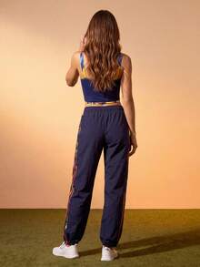 CAJUNI Women's Fashionable Versatile Striped Contrast Color Drawstring Sports Pants, - Navy Blue - View 3