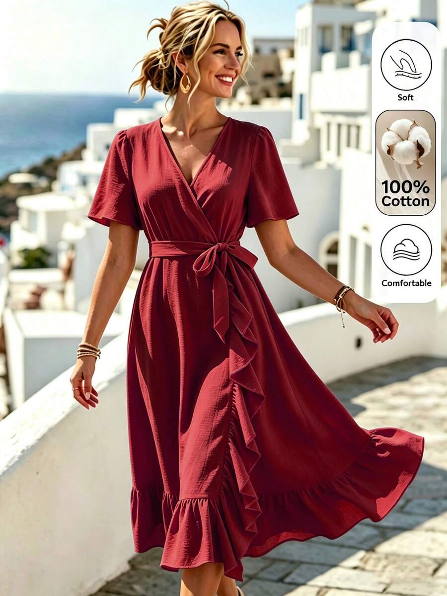 EMERY ROSE Standard Size Women's Ruffle Cross V-Neck Fitted Midi Dress, Elegant Vacation Style - Red - View 1