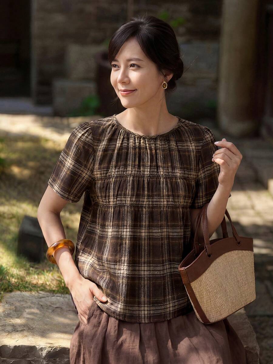 Yumoku 女款休閒夏季格紋短袖襯衫 - 彩色 - 查看 1