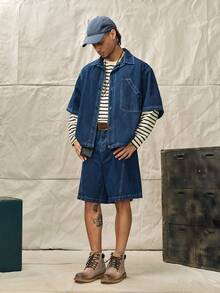 Solid Color Front Button Short Sleeve Shirt And Denim Shorts Casual Suit - Blue - View 11