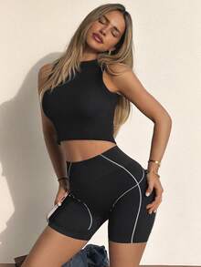 Dewbera Dewbera Colorblock Striped High Waist Seamless Sports Butt Lifting Shorts - Black - View 4