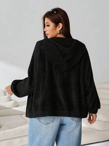 Solflare Plus Size Women Solid Color Long Sleeve Zipper Front Drawstring Hooded Sweatshirt - Black - View 2