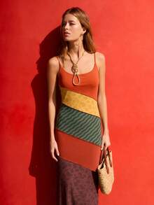 Nöista Vestido maxi con bloques de color y tirantes finos con estampados mixtos en paneles de patchwork, suave y elástico - Multicolor - Ver 6