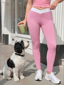 Zolique Women's Colorblock Asymmetric Waist Casual Sports Leggings - Pink - View 7