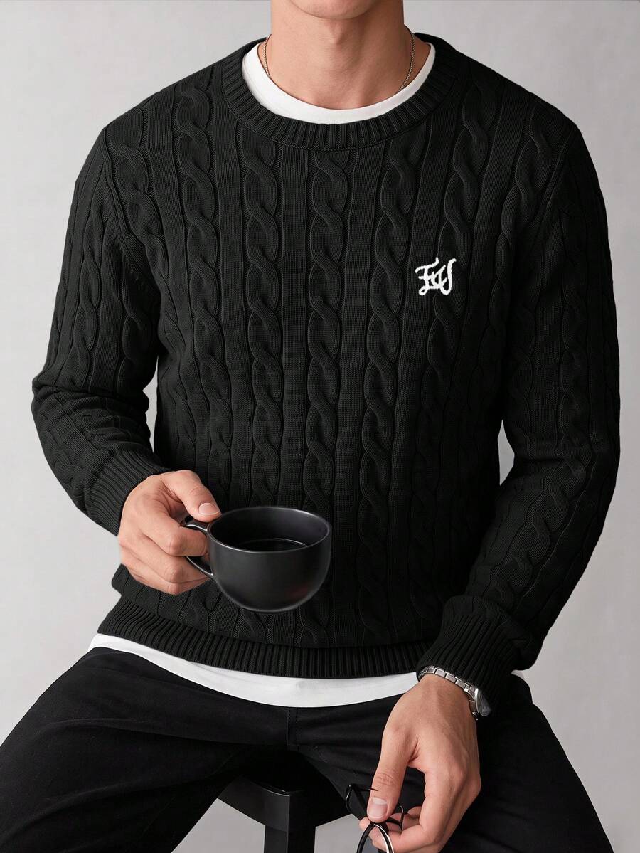 SWAVVY Men's Letter Pattern Long Sleeve Fashion Cable Knit Sweater, For Spring - Black - View 1