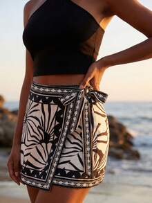 CAJUNI Women's Solid Color Halter Top And Floral Print Mini Skirt Casual Daily Outfit Set - Black - View 3