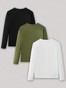 SHEIN 青少年男孩白色與黑色、橄欖綠、黑白三色長袖圓領T恤多件組，百搭休閒，適合春秋校園穿著 - 彩色 - 查看 2