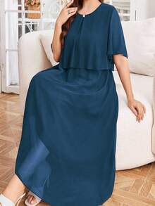 Modelyn Gaun Pesta Wanita Model Longgar dan Elegan dengan Hiasan Kancing Mutiara dan Rok Panjang Berkerut, Lengan Pendek, dan Bahan Chiffon. - Biru - View 5