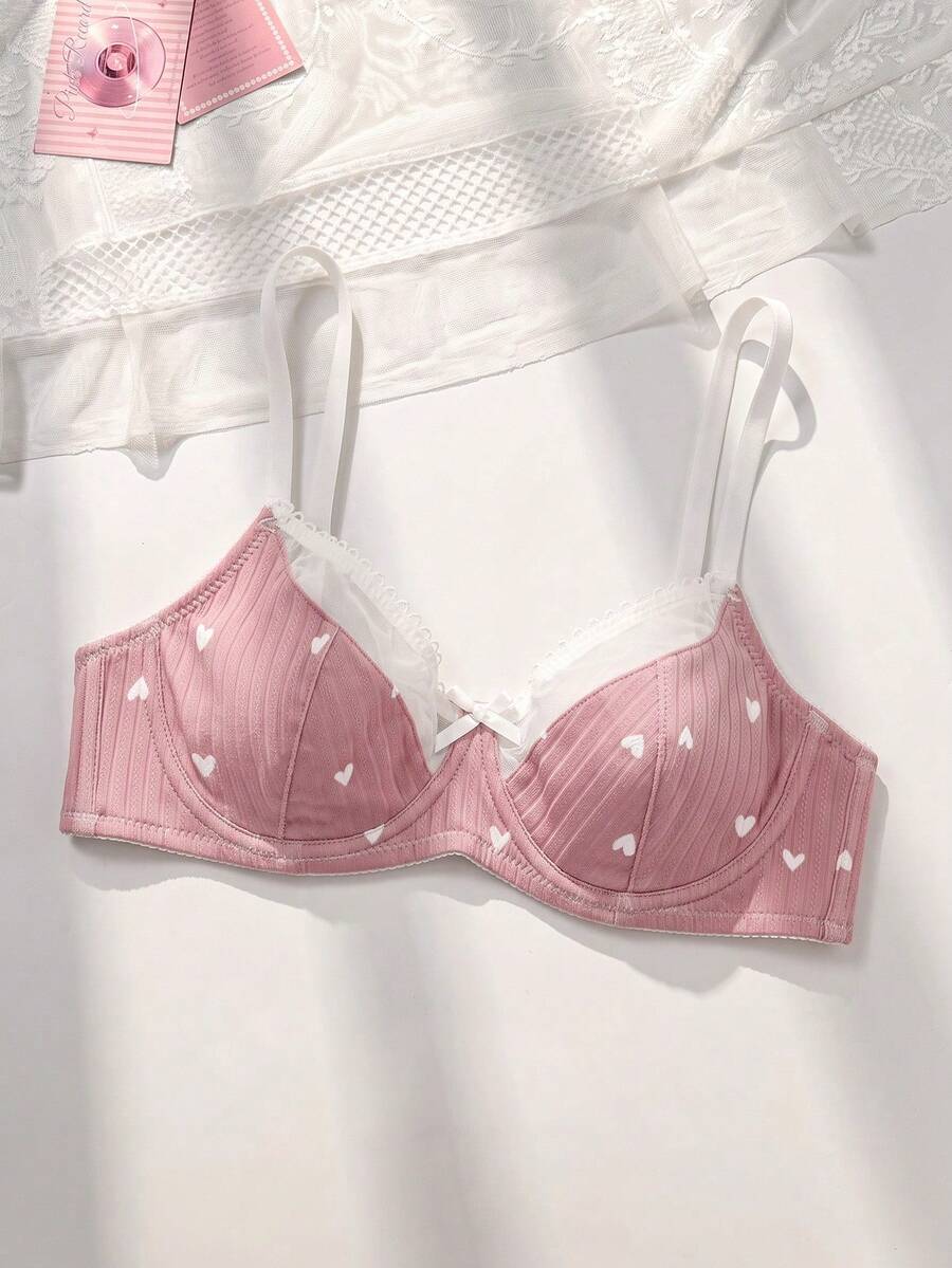PetitDoll 女士心形印花拼色文胸，可爱 - 粉色 - 查看 1