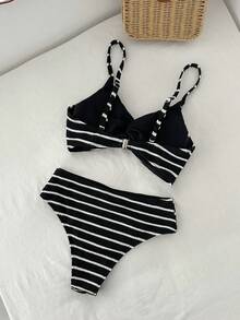 SHEIN Swim 女款條紋比基尼泳衣套裝，適合海灘度假 - 黑與白 - 查看 3