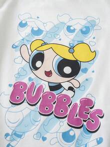 THE POWERPUFF GIRLS X SHEIN 女童夏季休閒卡通印花T恤 - 白色 - 查看 4