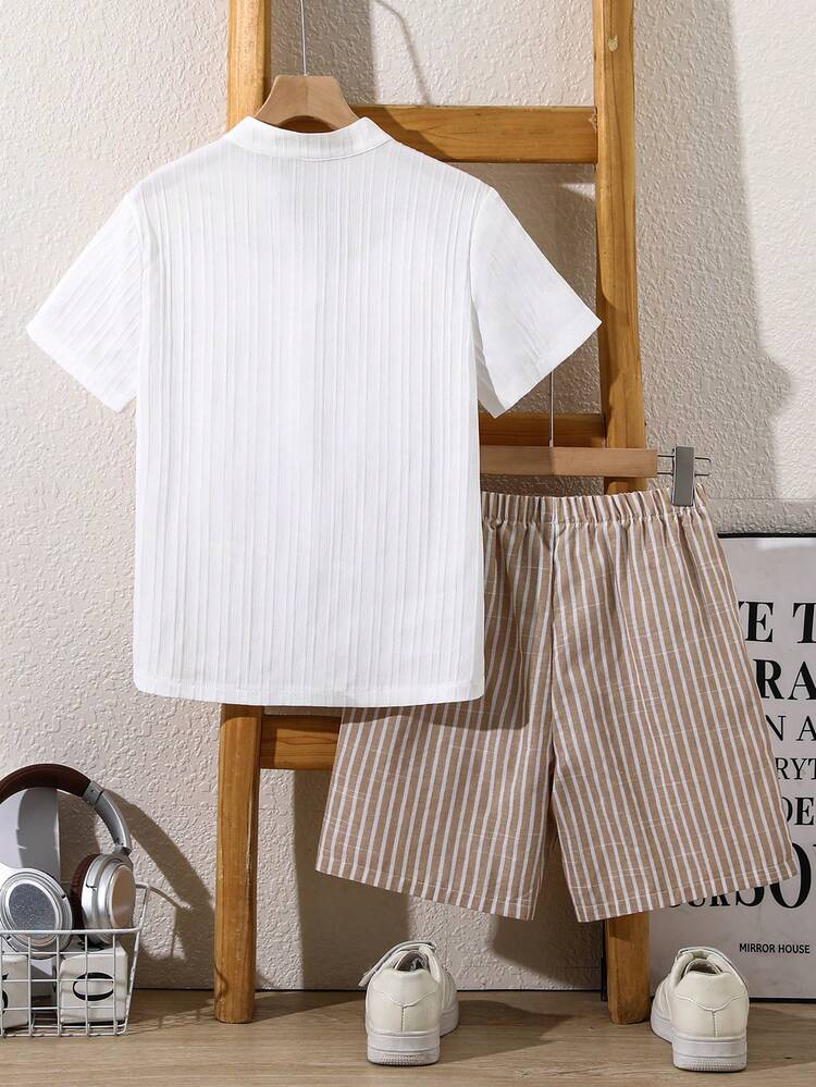 SHEIN Boys' Short Sleeve Shirt Set, White Stand Collar Top & Striped Shorts Casual 2 Pieces Outfit - White - View 2