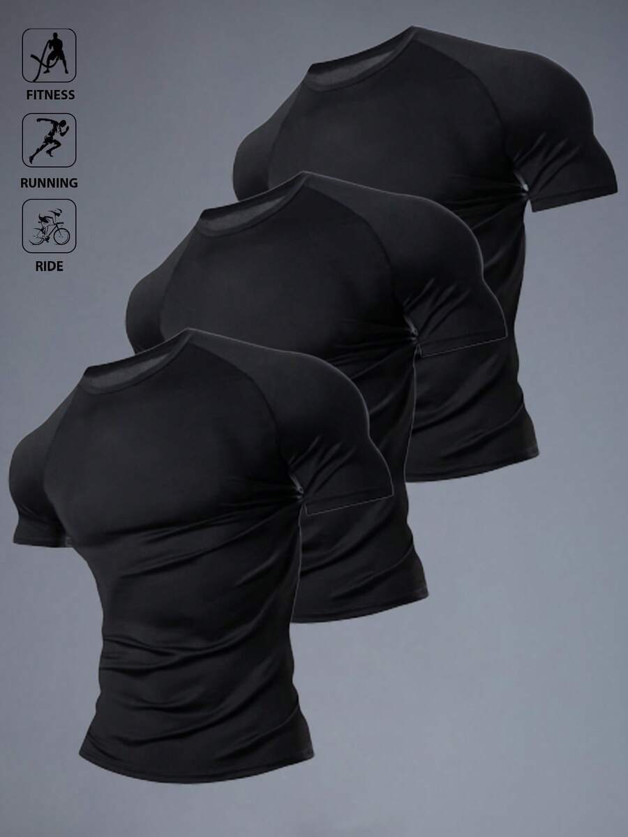 Coreblaze 3件裝純色男士夏季T恤,休閒百搭輕量短袖,舒適運動戶外上衣 - 黑色 - 查看 1