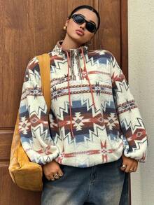 Dazy Plus Floral Pattern Half-Open Placket Loose Streetwear Casual Stand Collar Thick Fleece Sweatshirt, Autumn/Winter Vacation - Multicolor - View 3