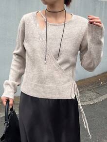 FRIFUL Women's Korean Autumn Outfit Solid Color Tie-Up Bow Knot Sweater - Apricot - View 5